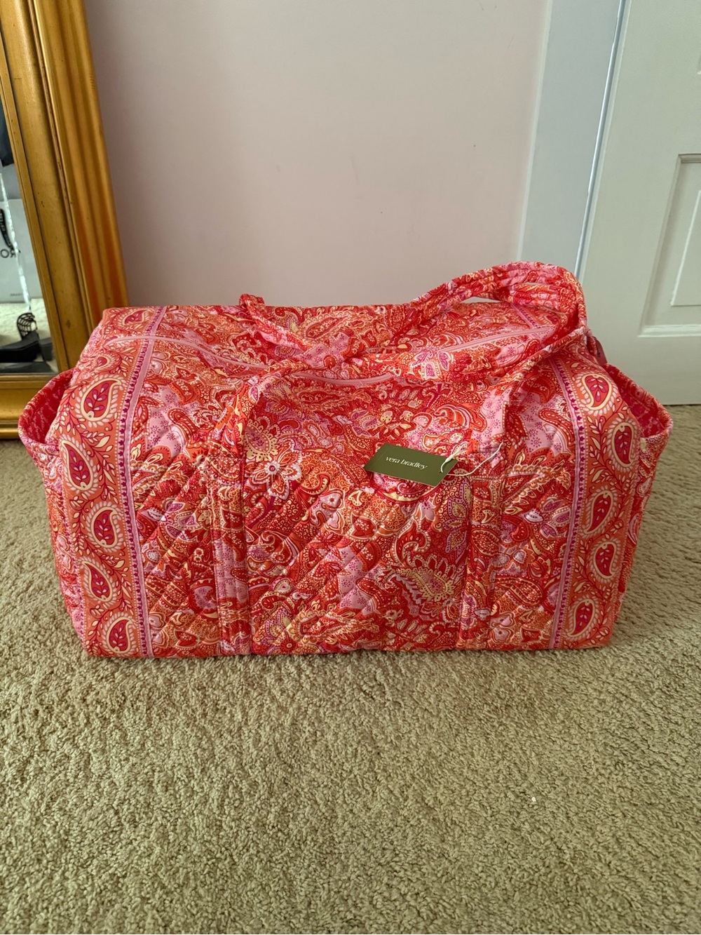 Vera Bradley Coral Pink Paisley Quilted LARGE Travel Duffel